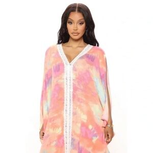 NWT TiniBikini Coverup Swim Beach Kaftan Colorful with White Lace Trim Size L/XL
